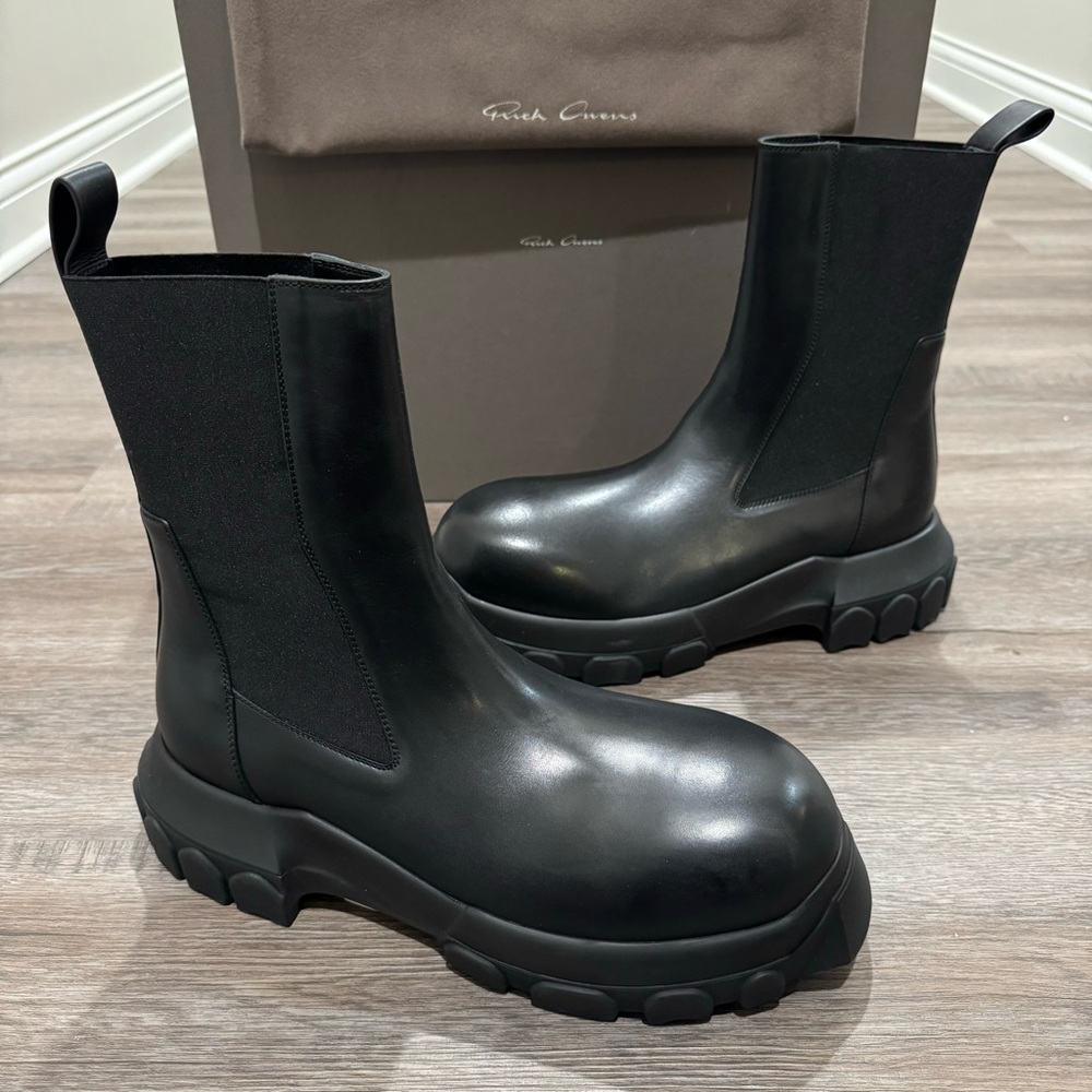 Rick Owens Beatle Bozo Tractor Black Leather Chelsea Platform Boots